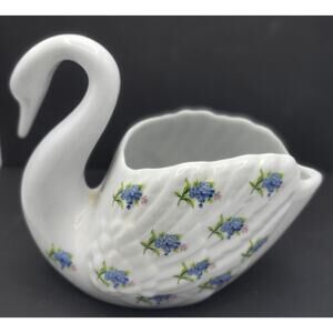 Vintage Porcelain Swan Bowl Royal Porzellan Bavaria 8x6" White with Blue Flowers